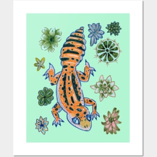 Yellow Leopard Gecko and Succulent Plants Posters and Art